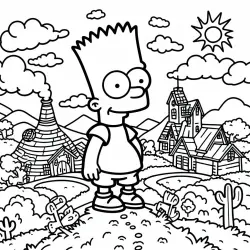 Bart Simpson stoi na wzgórzu niedaleko wioski