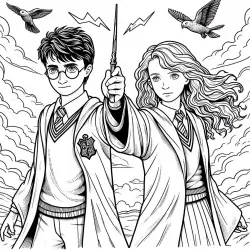 Harry Potter z różdżką i Hermiona