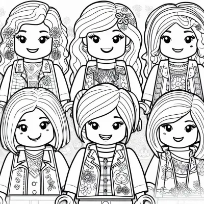 Kolorowanka Grupa przyjaciół Lego w kolorowych ubraniach