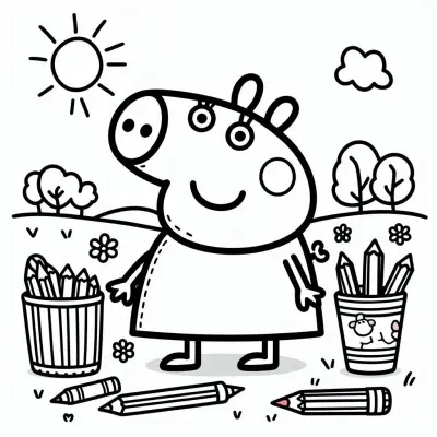 Kolorowanka Świnka Peppa na łące z kredkami